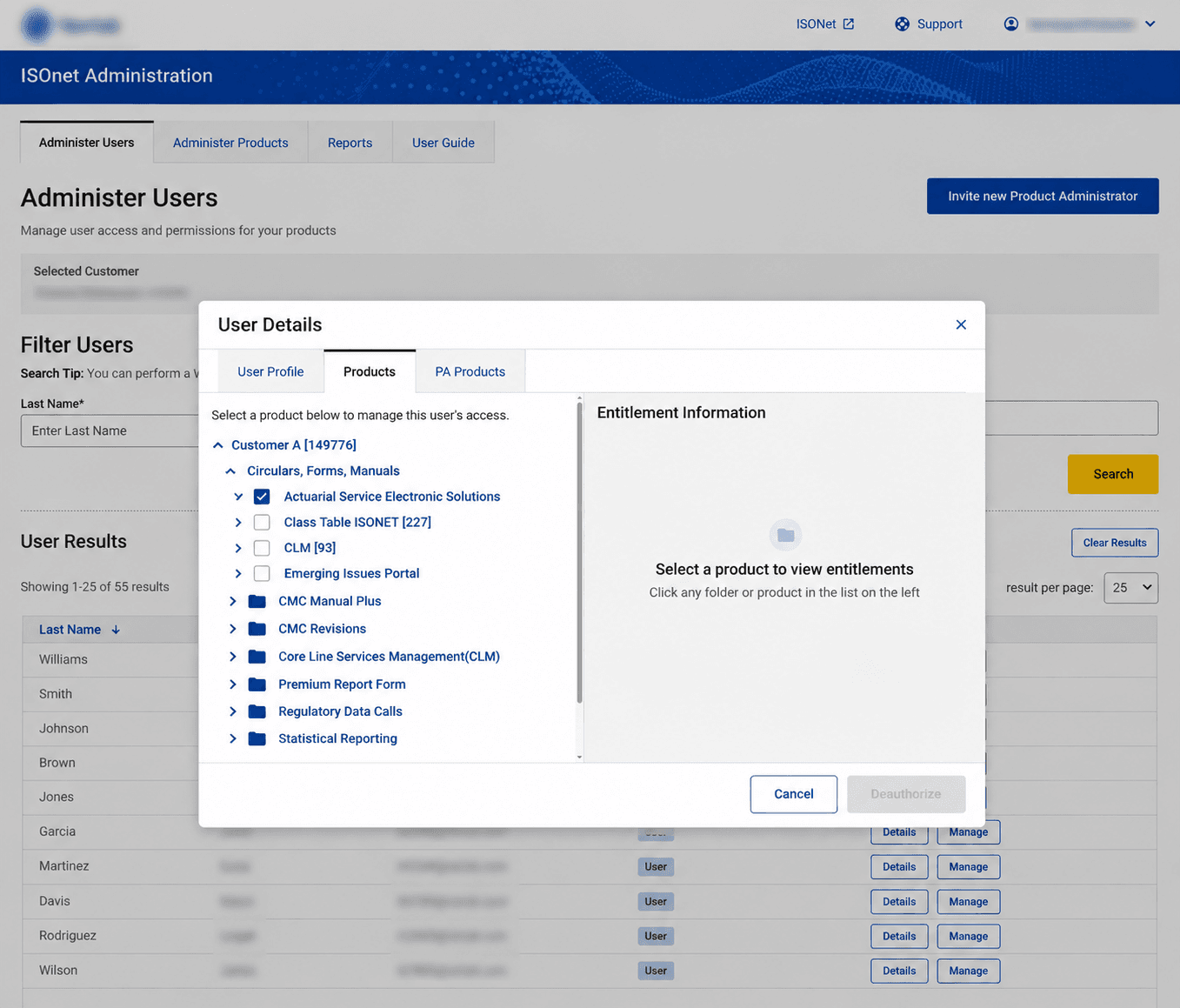 Redacted ISO Net Administration product and permission interface
